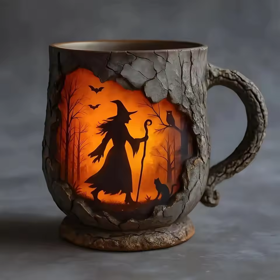 Artisanální 3D Halloween hrnek – s designem čarodějnice a kočky