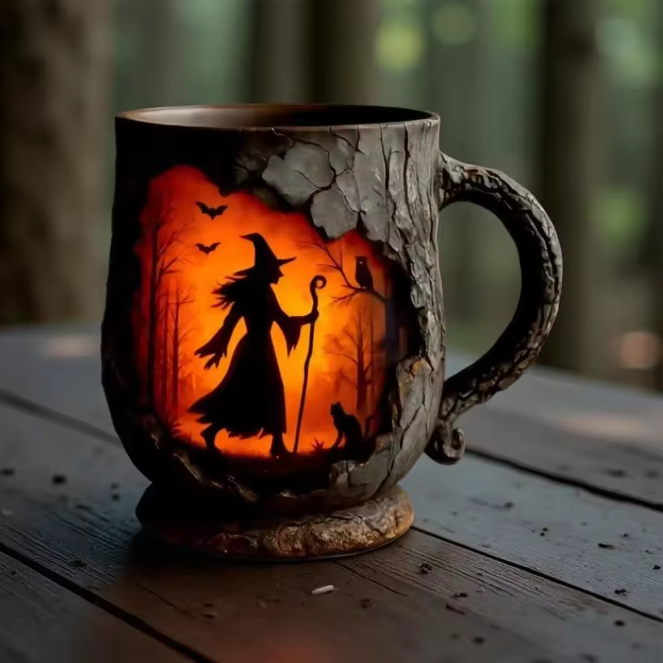 Artisanální 3D Halloween hrnek – s designem čarodějnice a kočky