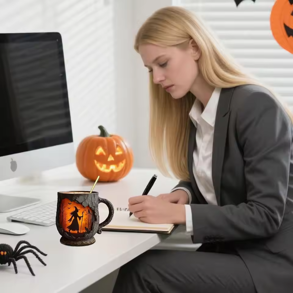 Artisanální 3D Halloween hrnek – s designem čarodějnice a kočky