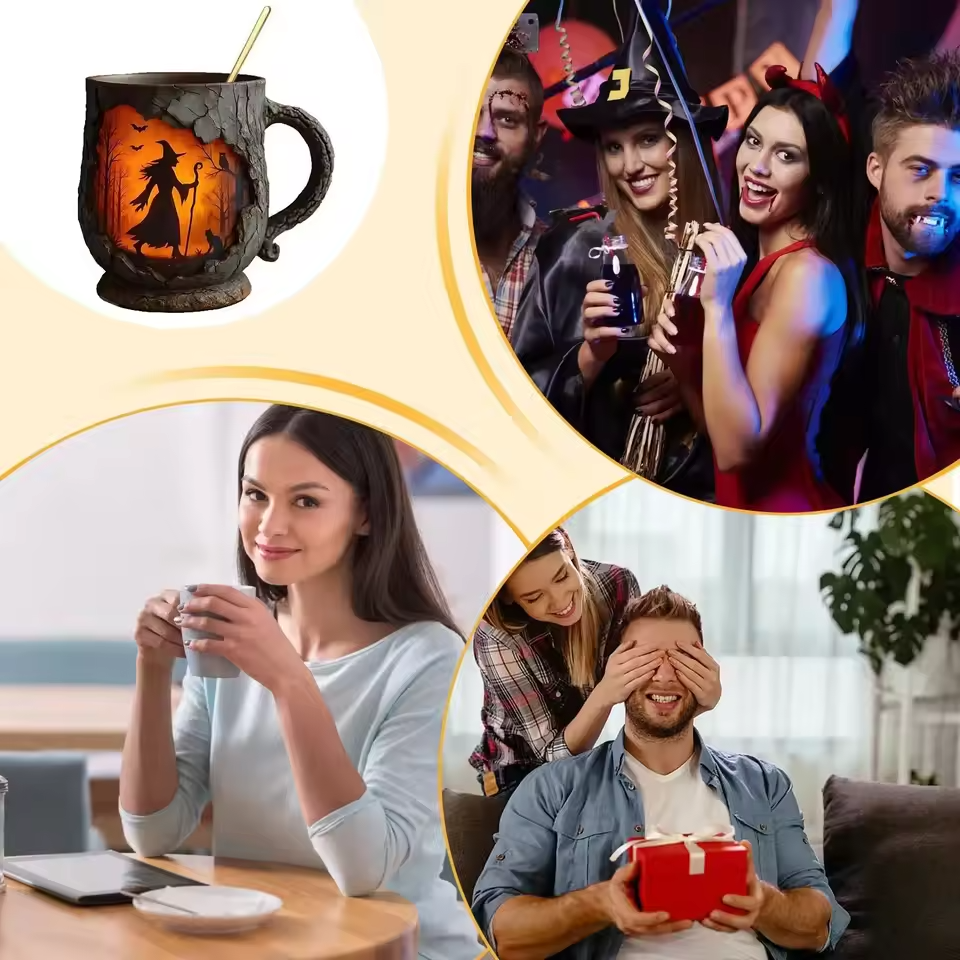 Artisanální 3D Halloween hrnek – s designem čarodějnice a kočky