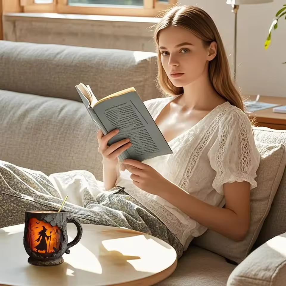 Artisanální 3D Halloween hrnek – s designem čarodějnice a kočky